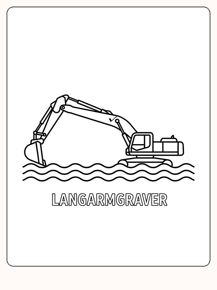 Tegning til farvelægning af en gravemaskine med lang arm, der arbejder på vandet, klar til print