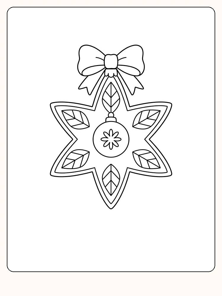 Snestjerne til julekort med sløjfe øverst, seks blade i armene og en julekugle med blomst på hvid baggrund