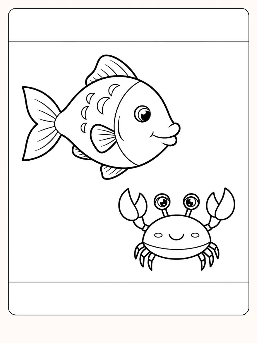 Fargeleggingstegning av en smilende fisk og krabbe, klar for utskrift
