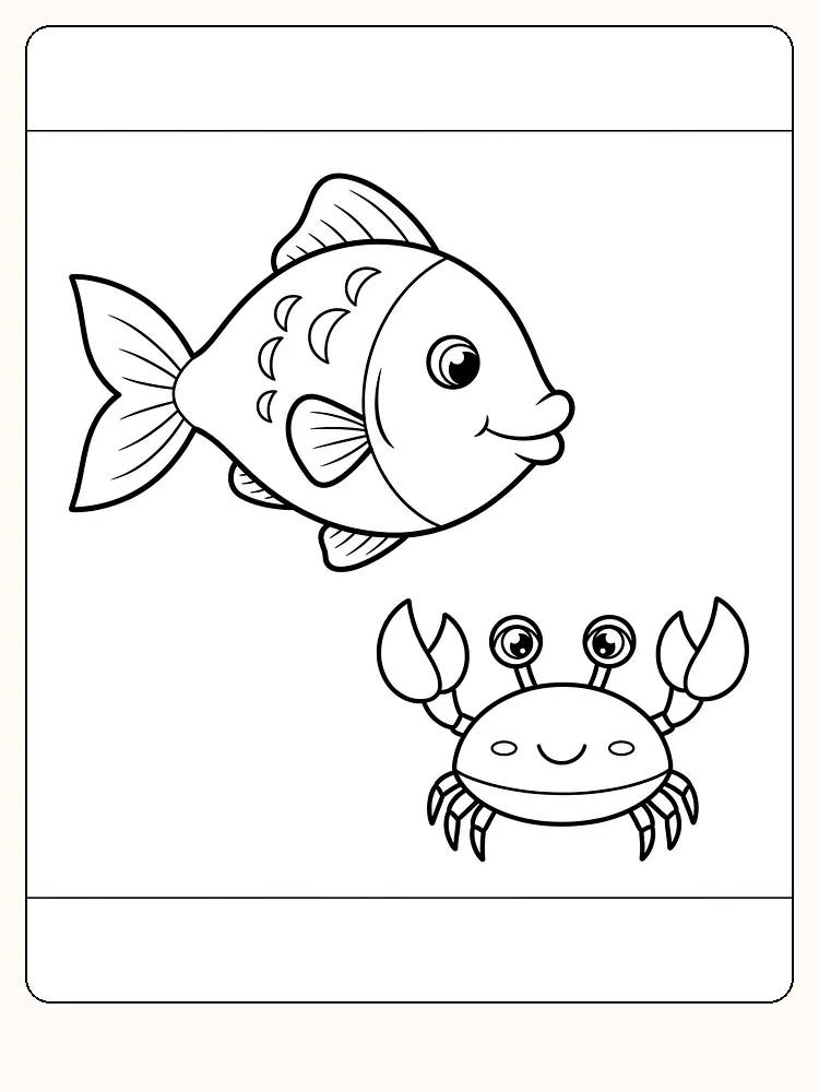 Fargeleggingstegning av en smilende fisk og krabbe, klar for utskrift