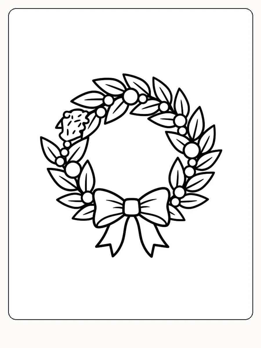 Tegning af julekrans med blade og sløjfe til farvelægning, klar til print