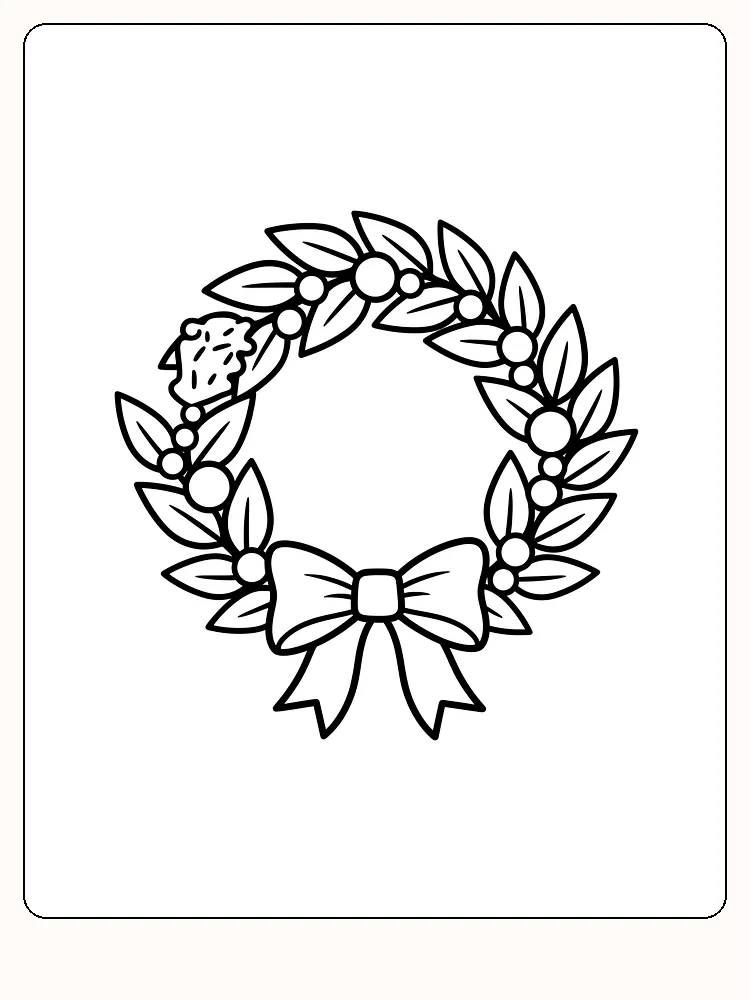 Tegning af julekrans med blade og sløjfe til farvelægning, klar til print