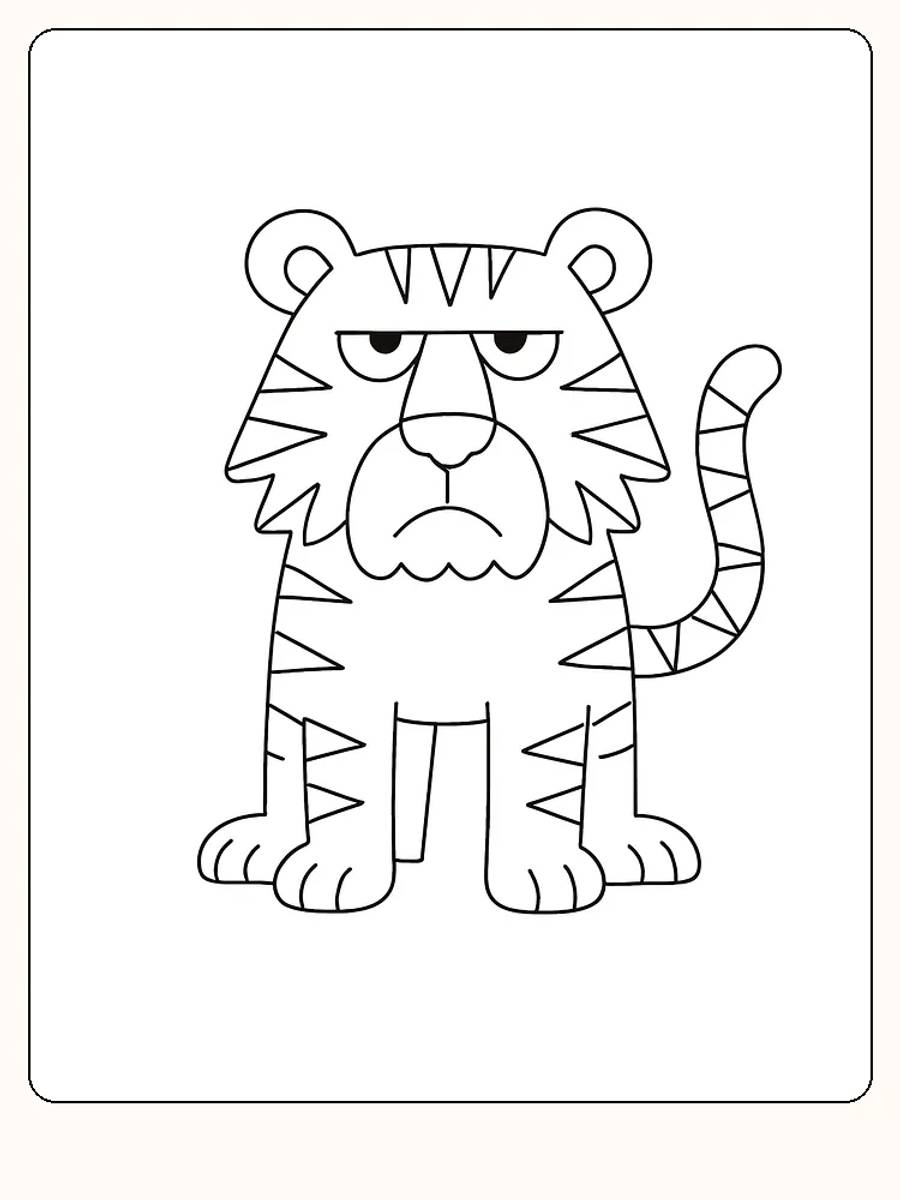 Tegning til farvelægning af en siddende, sjov tiger med stribemønster, klar til print