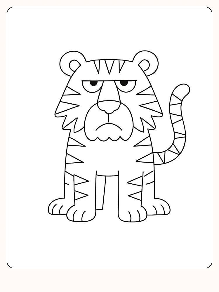 Tegning til farvelægning af en siddende, sjov tiger med stribemønster, klar til print