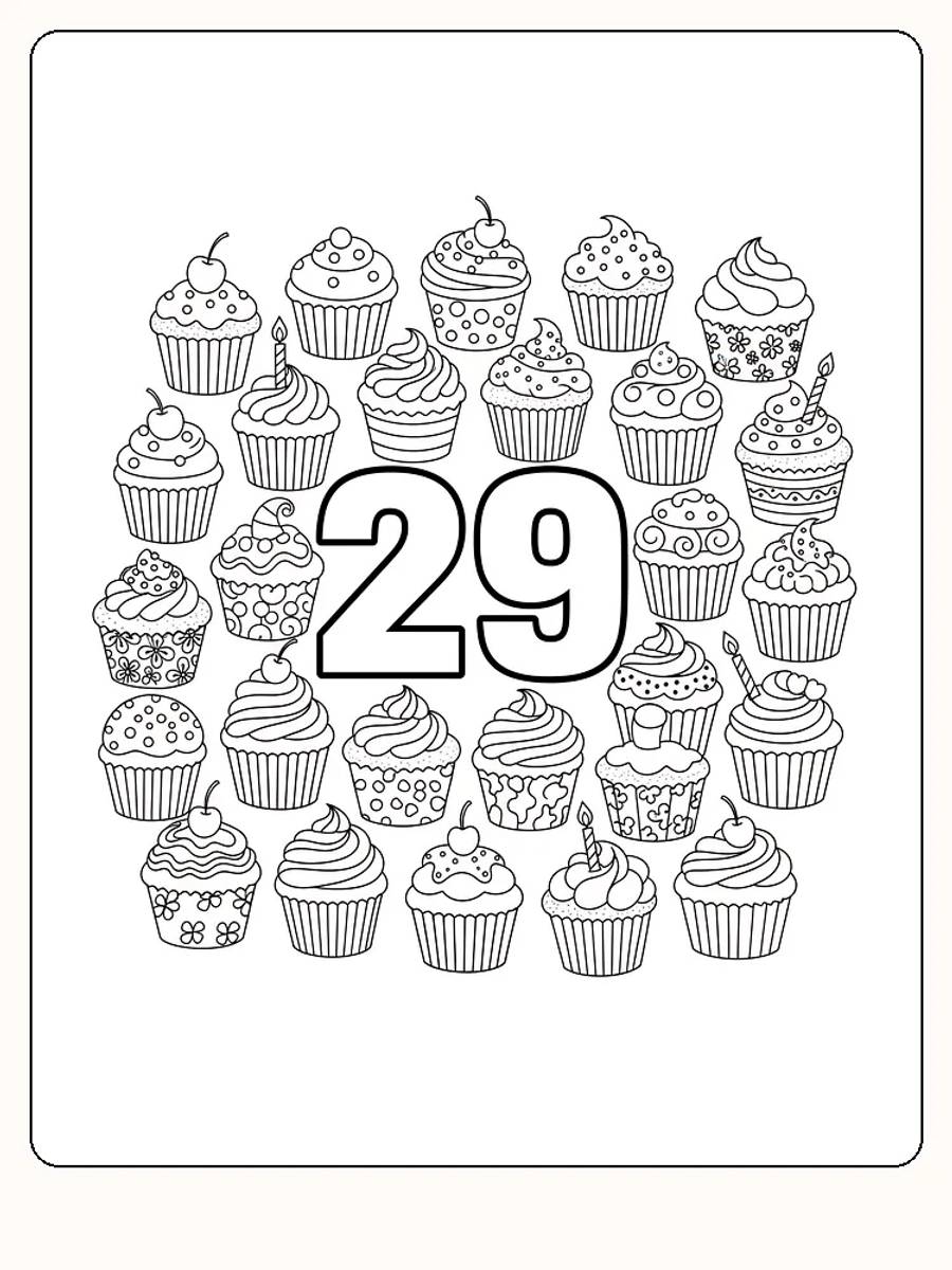 Ausmalbild mit der Zahl 29, umgeben von detaillierten Muffins.