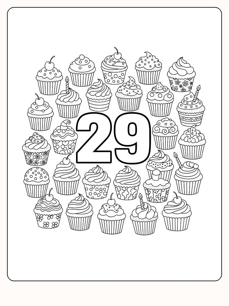 Ausmalbild mit der Zahl 29, umgeben von detaillierten Muffins.