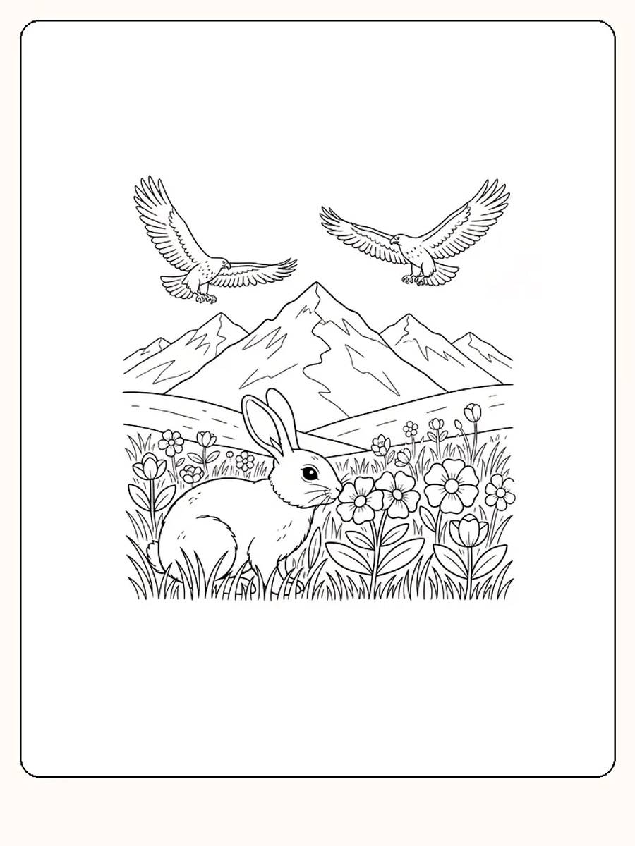 Fargeleggingstegning av en hare blant blomster, med to fugler flyvende og fjell i bakgrunnen, klar for utskrift