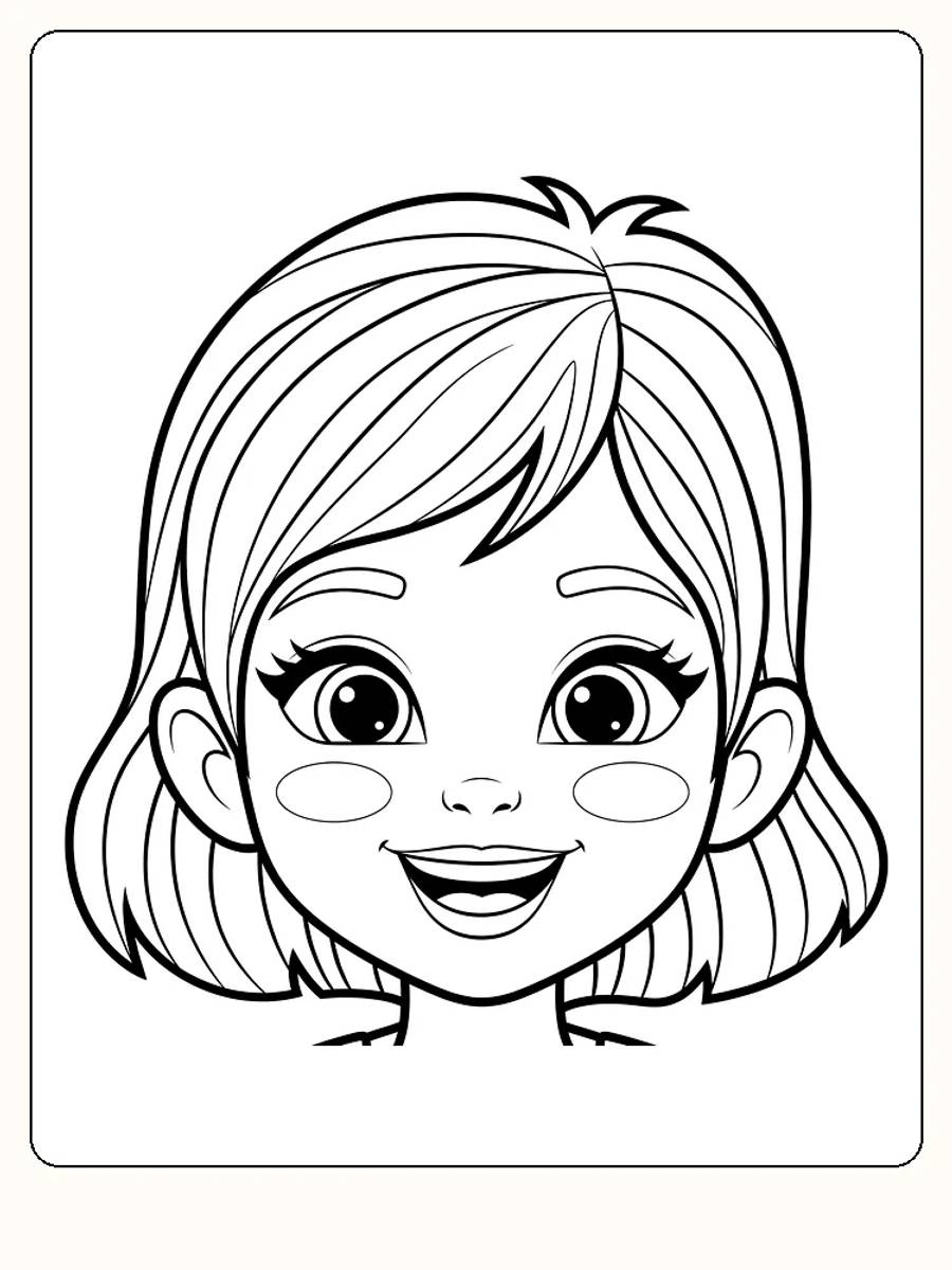 Tegning til farvelægning af et barn med stort smil og store øjne, klar til print
