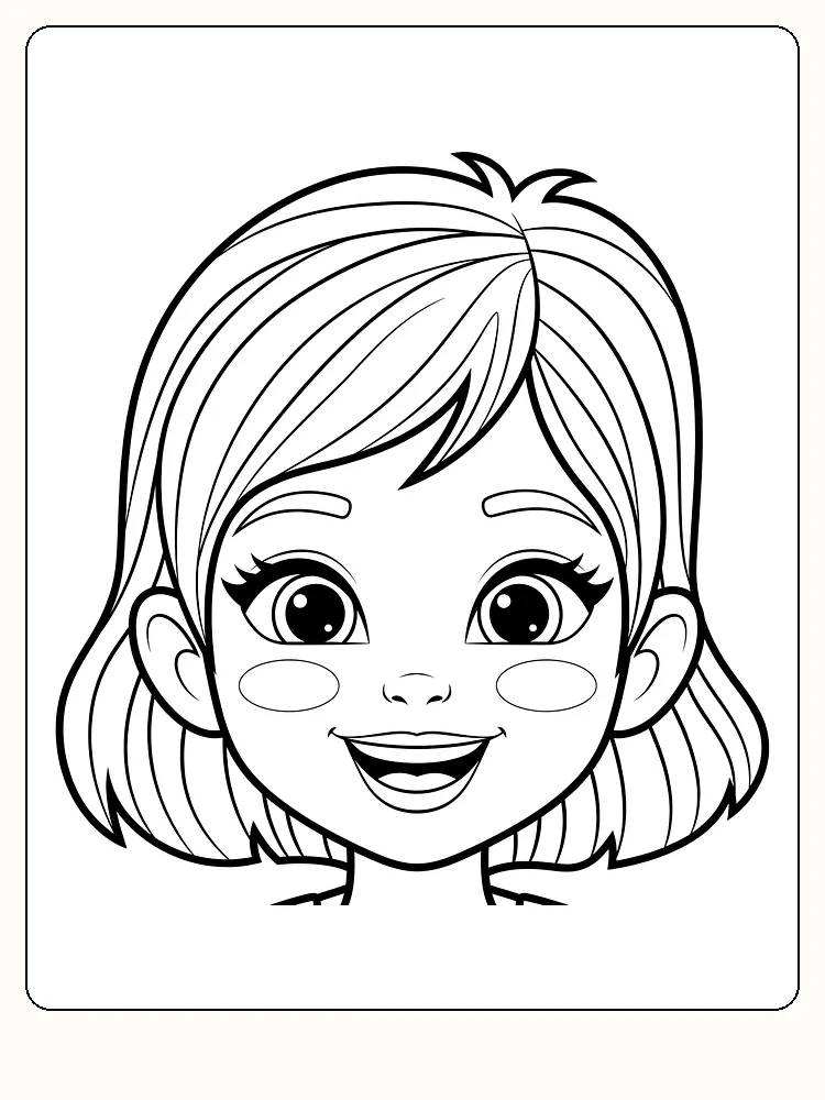 Tegning til farvelægning af et barn med stort smil og store øjne, klar til print
