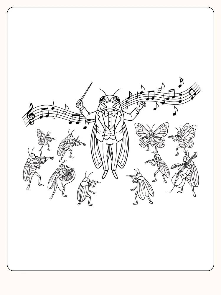 Tegning til farvelægning af et orkester af insekter med en dirigent, klar til print
