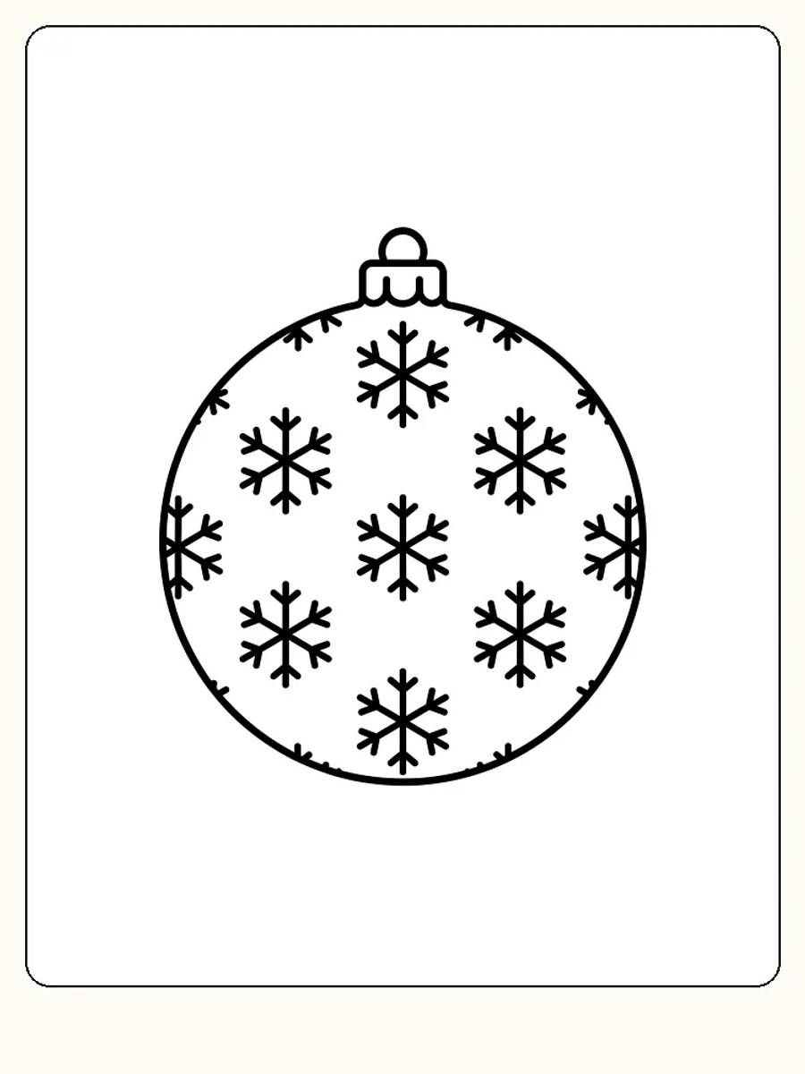 Tegning til farvelægning af en julekugle med et mønster af snefnug, klar til print