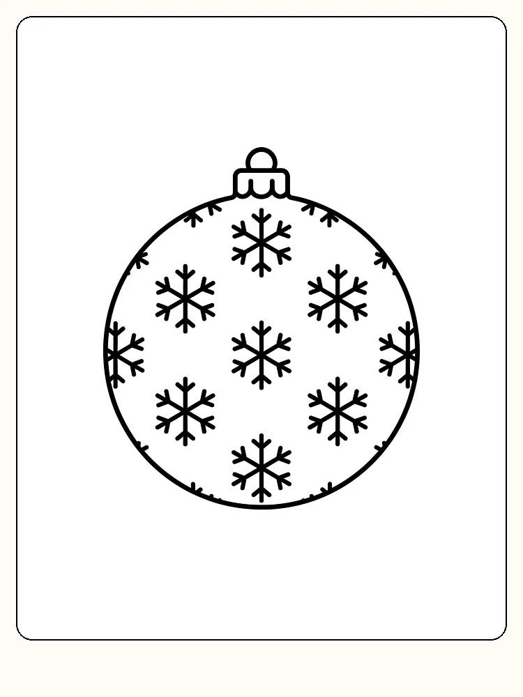 Tegning til farvelægning af en julekugle med et mønster af snefnug, klar til print