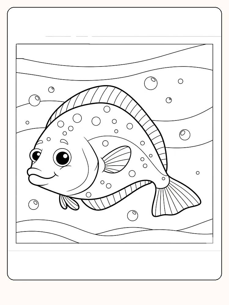 Fargeleggingstegning av en smilende fisk under vann med bobler, klar for utskrift