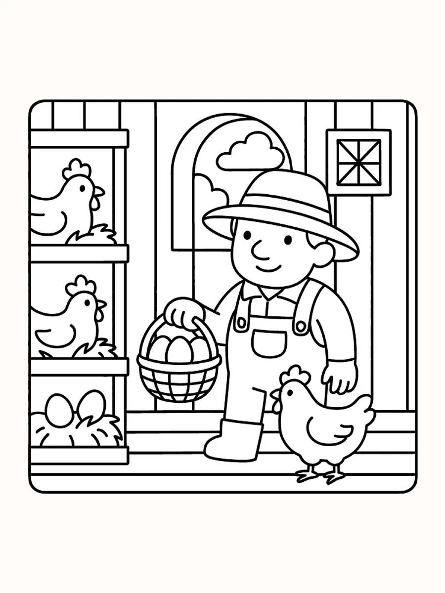Fargeleggingsbilde av bonde med eggkurv omgitt av høner i hønsehus, klar for utskrift