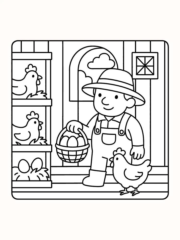 Fargeleggingsbilde av bonde med eggkurv omgitt av høner i hønsehus, klar for utskrift