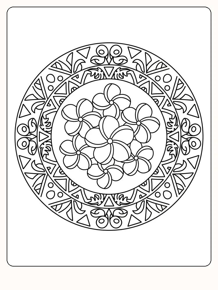 Intrikates Blumenmandala mit geometrischen Mustern, bereit zum Ausmalen