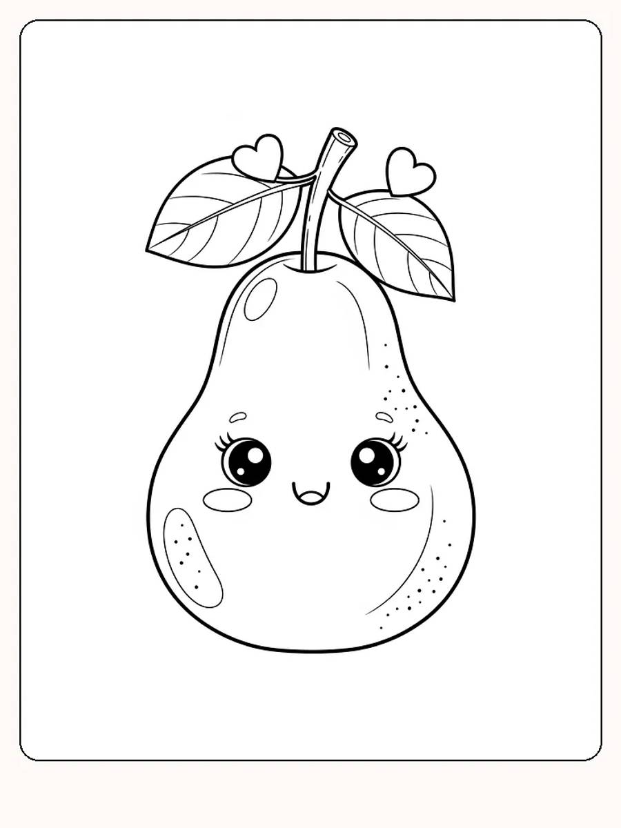 Tegning til farvelægning af en kawaii-pære med store øjne og smil. Perfekt til download