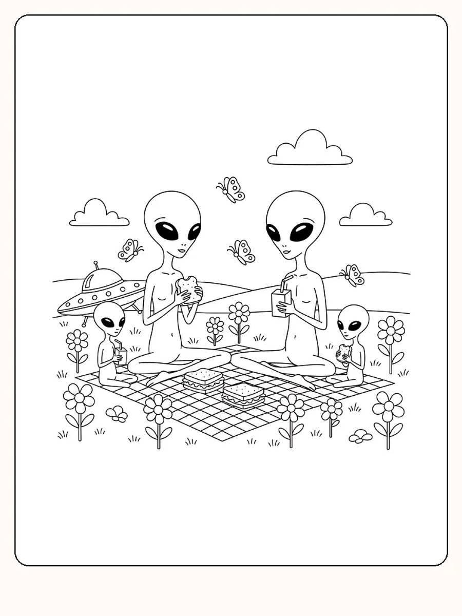 Tegning av to aliens som har piknik i hagen med mat og drikke. Utskrivbar for fargelegging