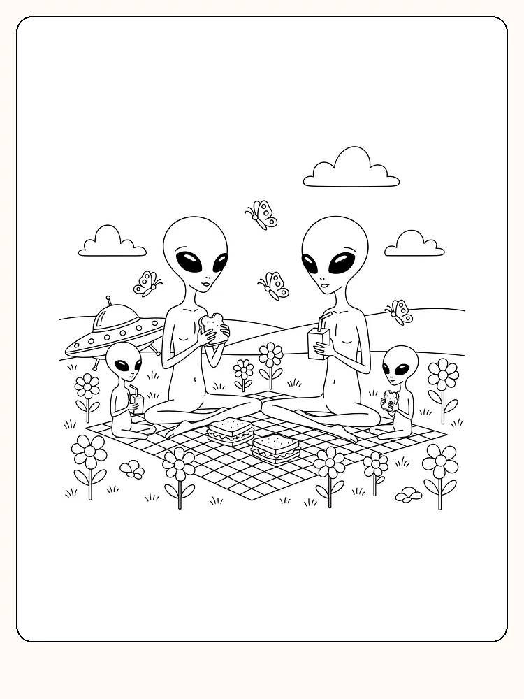 Tegning av to aliens som har piknik i hagen med mat og drikke. Utskrivbar for fargelegging