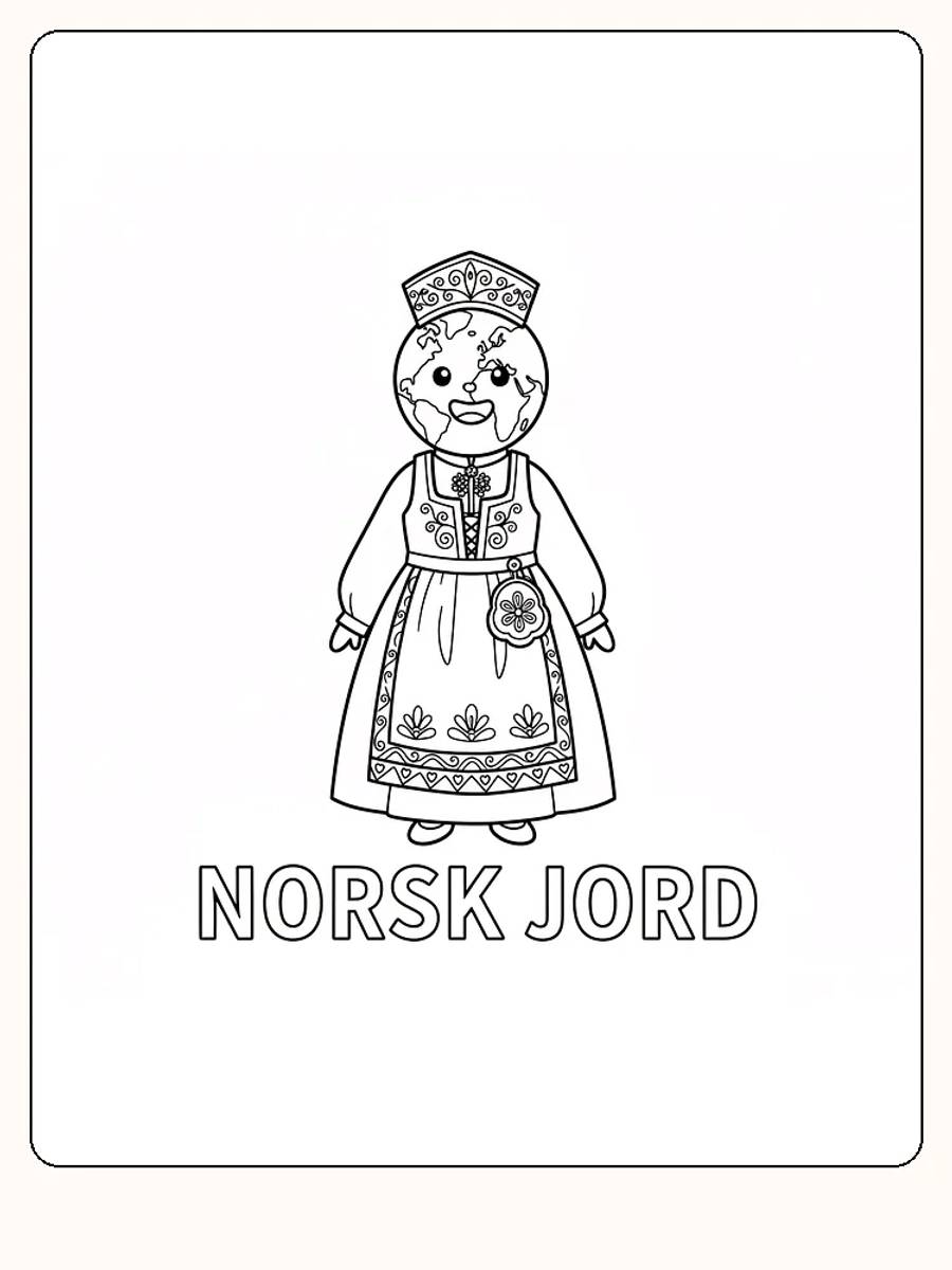 Fargeleggingstegning av en klode i norsk folkedrakt med smilende ansikt, klar for utskrift