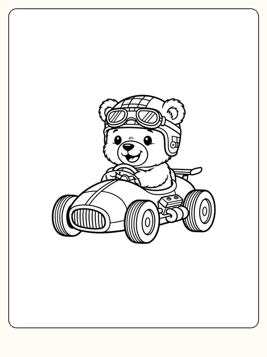 Tegning til farvelægning af en bamse, der kører gokart, klar til print