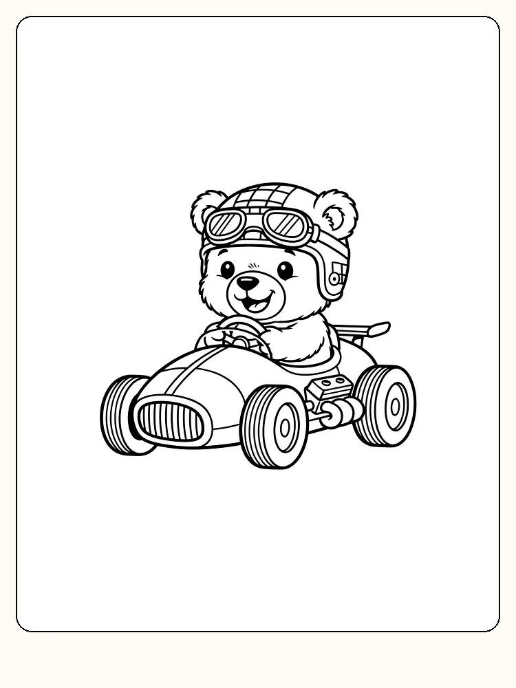 Tegning til farvelægning af en bamse, der kører gokart, klar til print