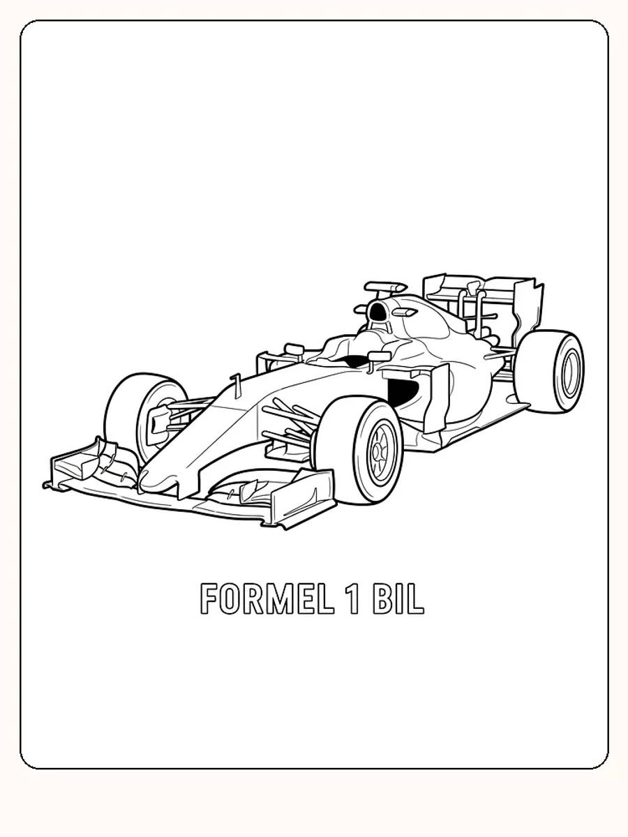 Tegning af en Formel 1-bil til farvelægning, for racerfans, klar til print