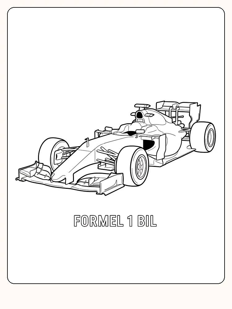 Tegning af en Formel 1-bil til farvelægning, for racerfans, klar til print