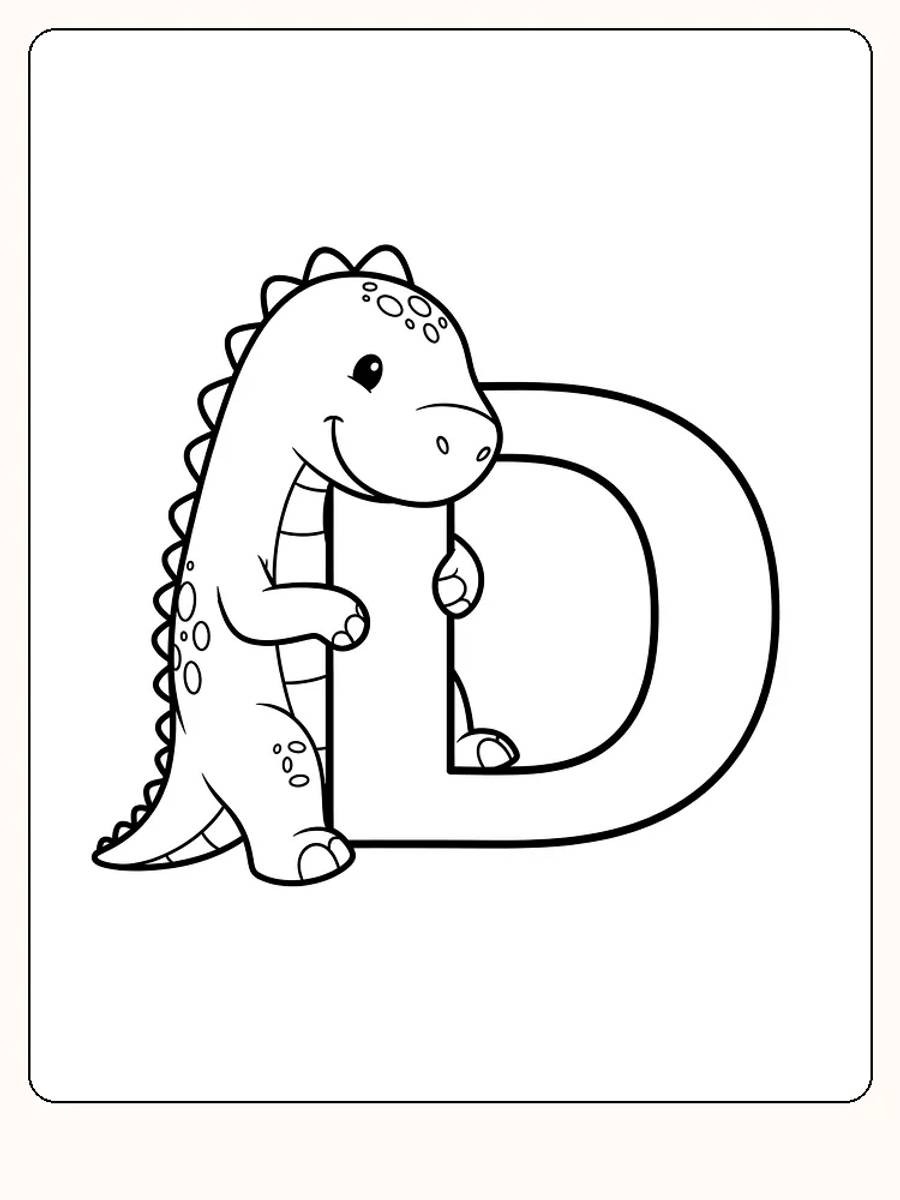 Fargeleggingstegning av en dinosaur sammen med bokstaven D, klart for nedlasting