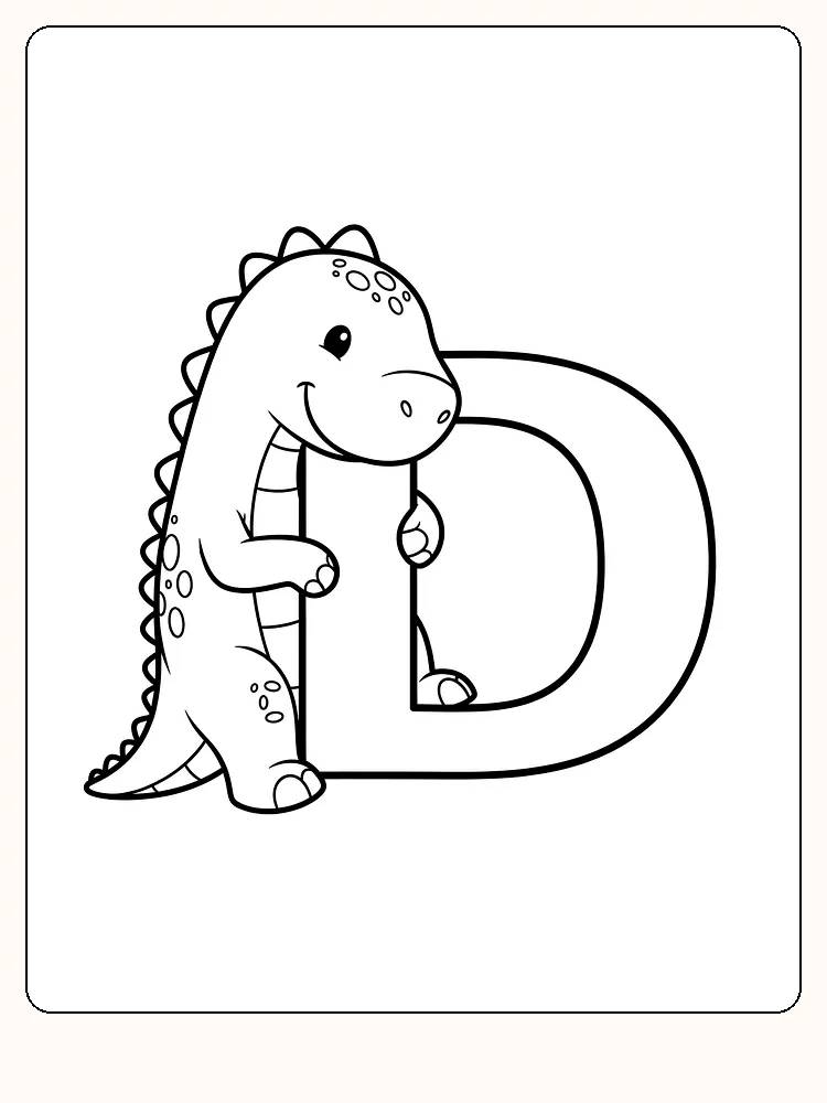 Fargeleggingstegning av en dinosaur sammen med bokstaven D, klart for nedlasting