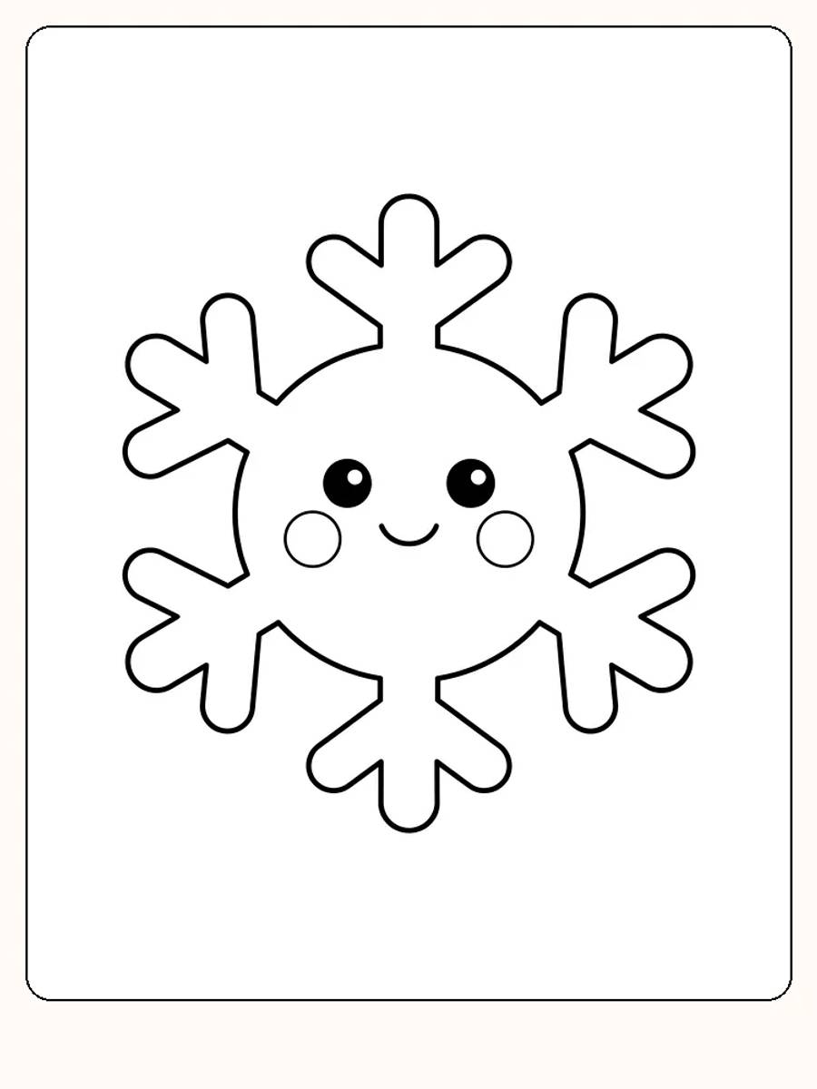 Flocon de neige souriant avec six bras courts, deux yeux, un petit sourire et deux joues rondes au milieu d'une page blanche