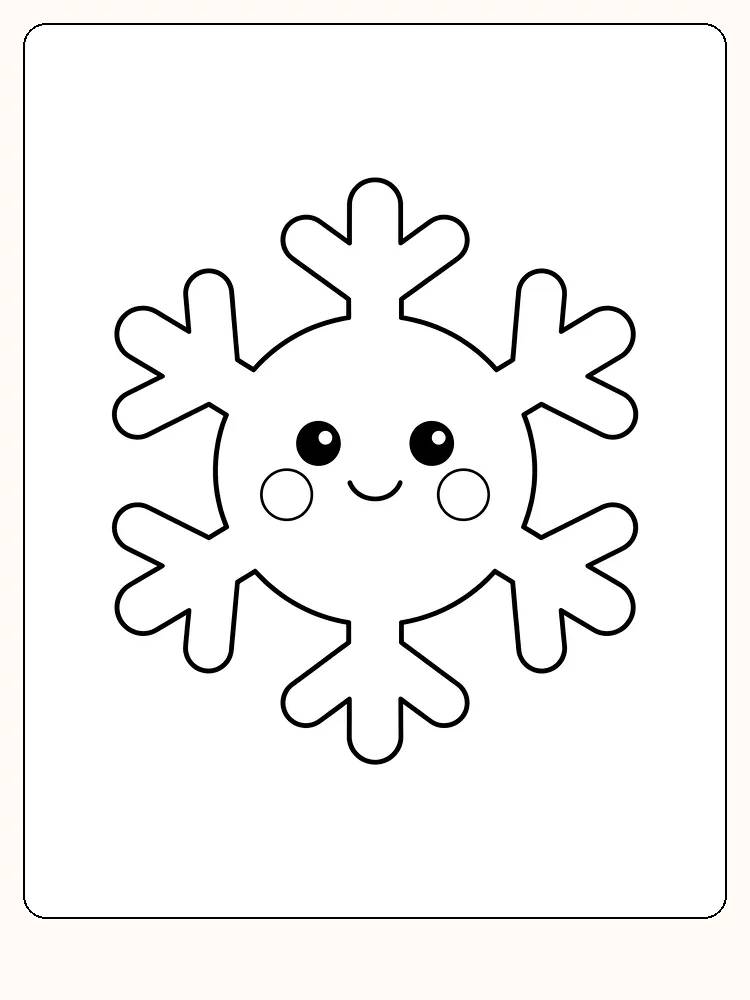 Flocon de neige souriant avec six bras courts, deux yeux, un petit sourire et deux joues rondes au milieu d'une page blanche