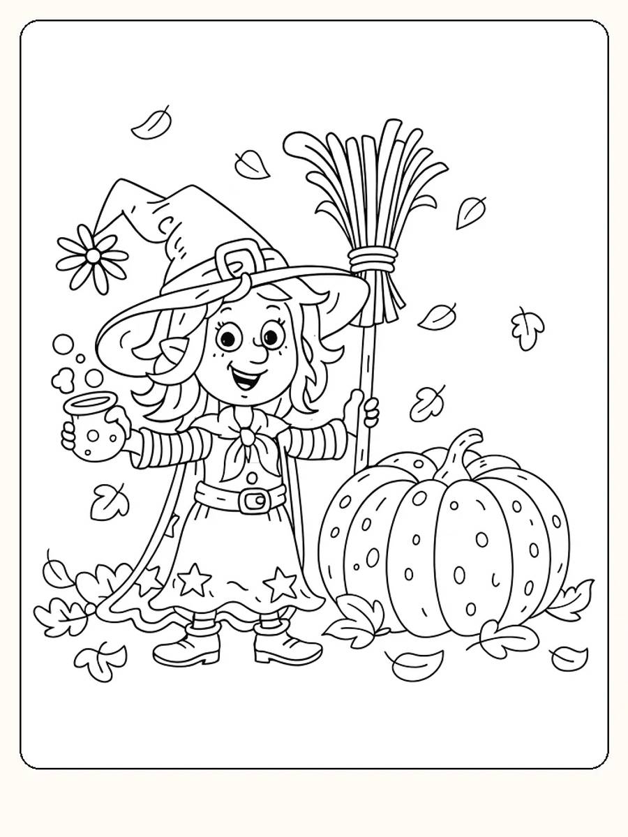 Ausmalbild einer Hexe mit Besen und großem Kürbis, bereit für Halloween