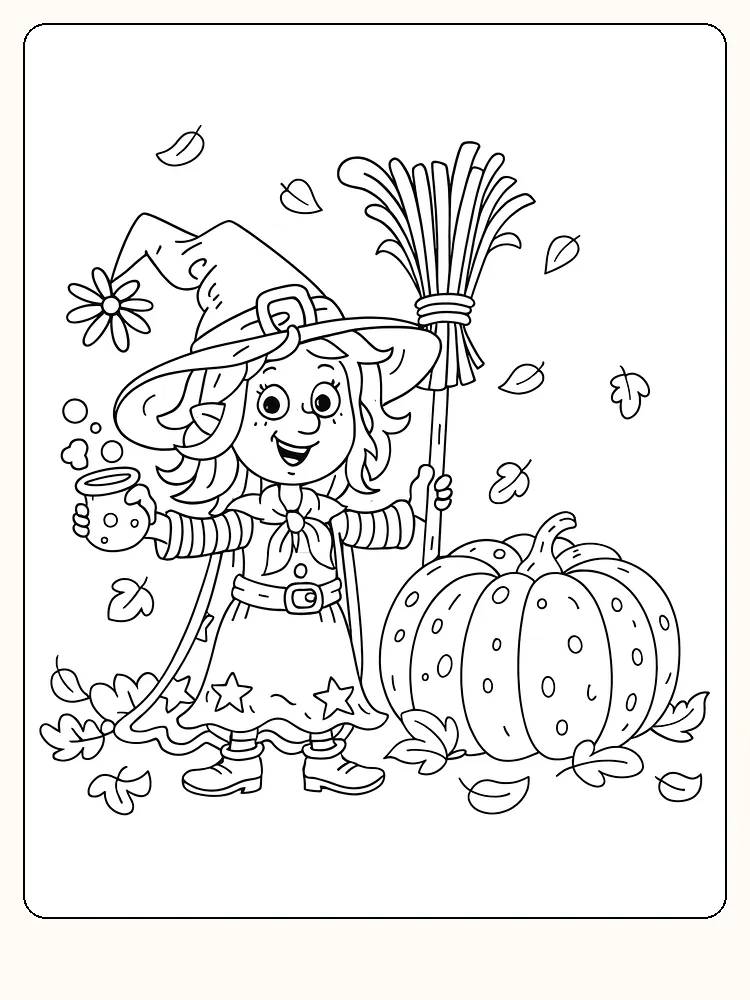 Ausmalbild einer Hexe mit Besen und großem Kürbis, bereit für Halloween