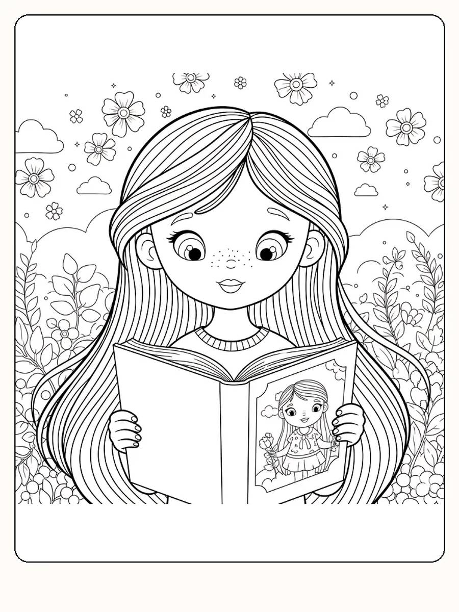 Målarbild av en flicka med en bok i en blomsterträdgård, perfekt för utskrift.
