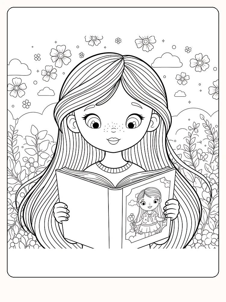 Målarbild av en flicka med en bok i en blomsterträdgård, perfekt för utskrift.
