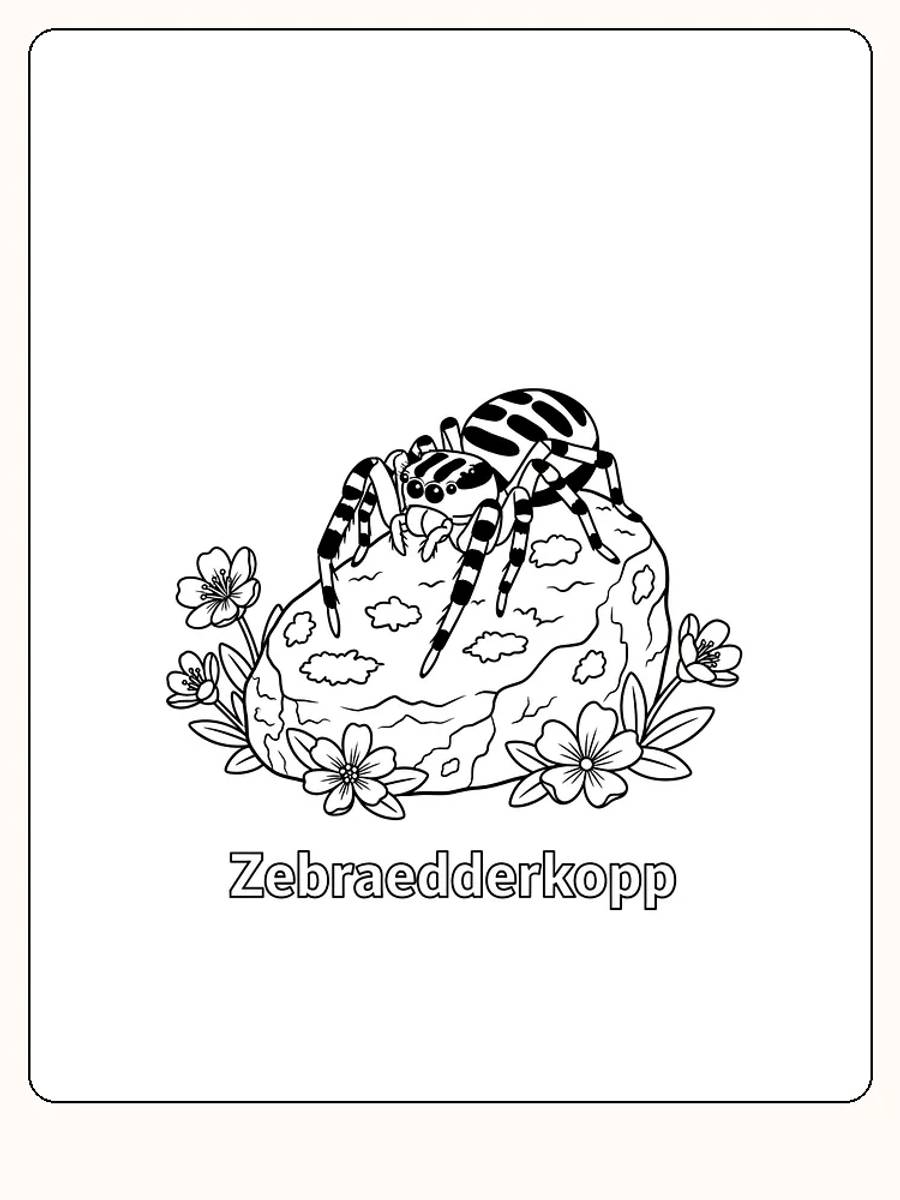 Tegning til farvelægning af zebraedderkop på sten omgivet af blomster
