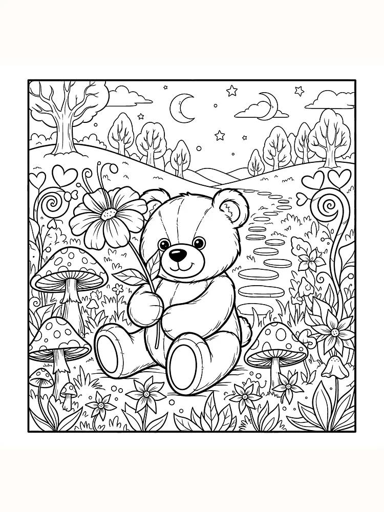 Teddybjörn med blomma i en färgglad skog, klar för utskrift och måla