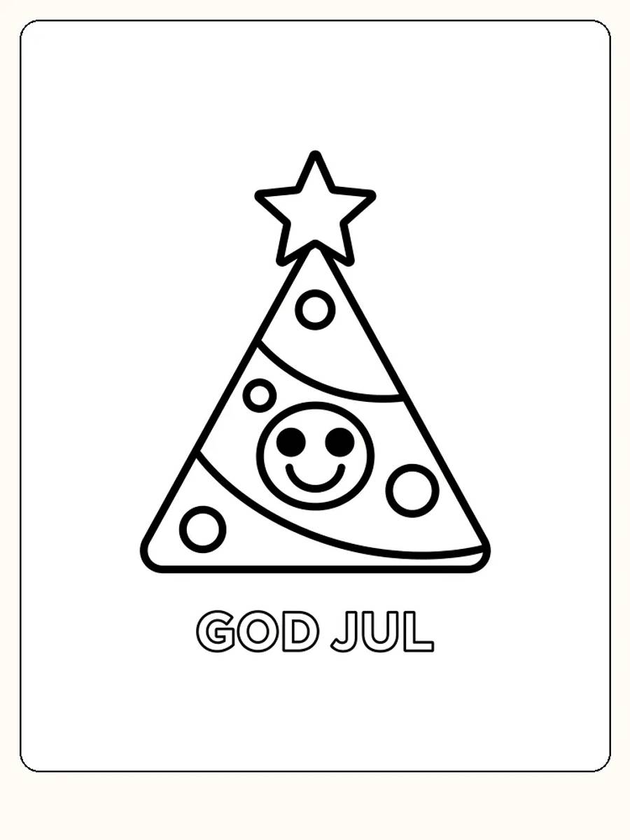 Fargelegging tegning av et juletre pyntet med smilefjes og stjerner, med teksten 'God Jul'