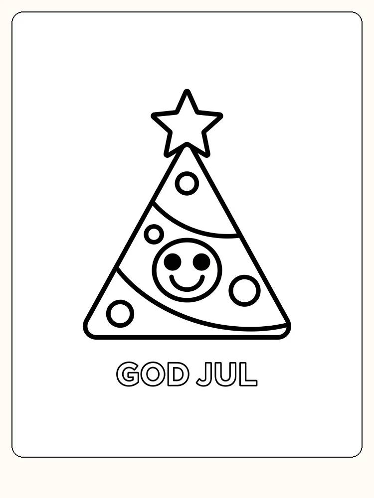 Fargelegging tegning av et juletre pyntet med smilefjes og stjerner, med teksten 'God Jul'
