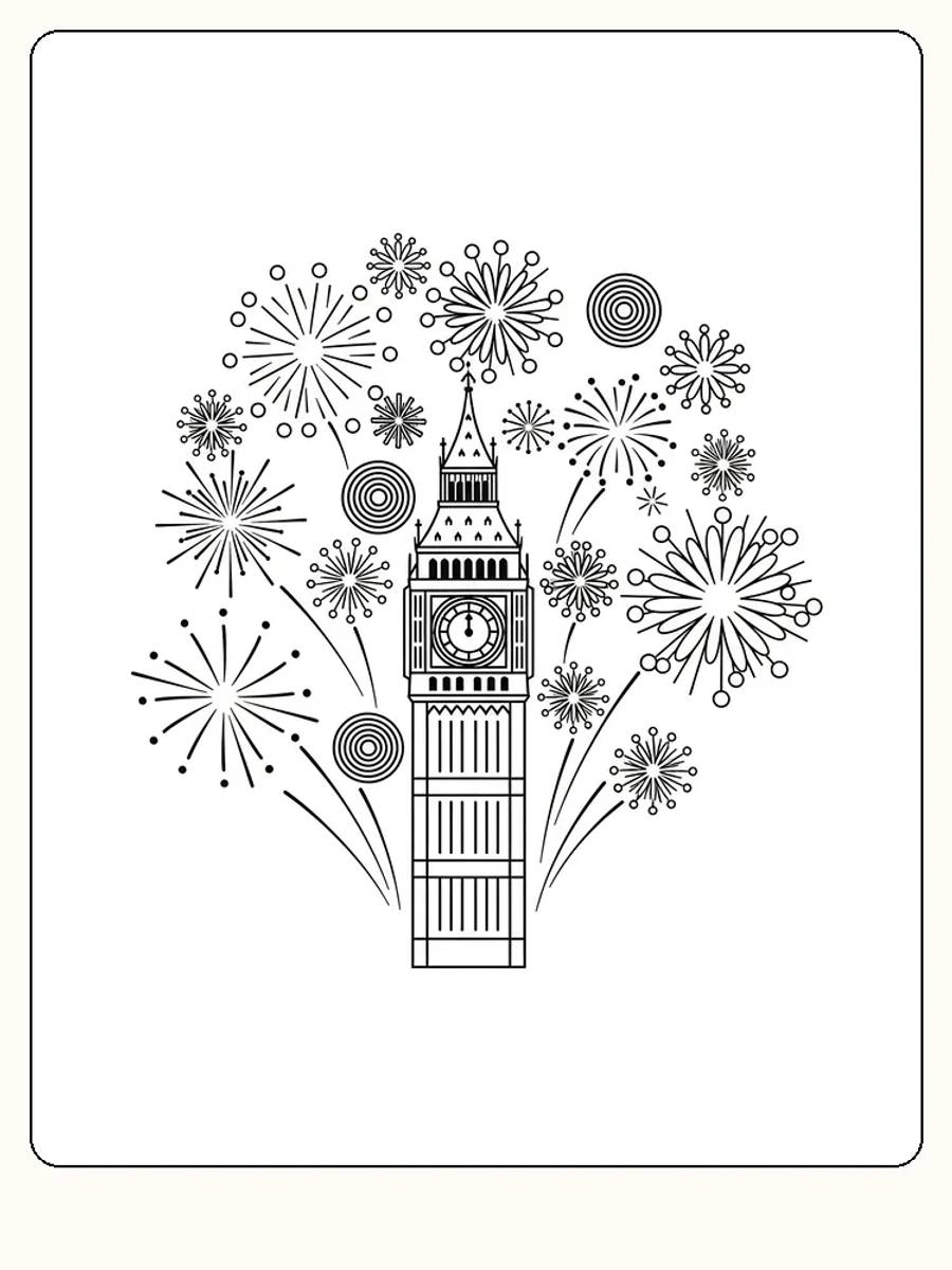 Fargelegging av Big Ben omgitt av festlig fyrverkeri, klar for utskrift og moro