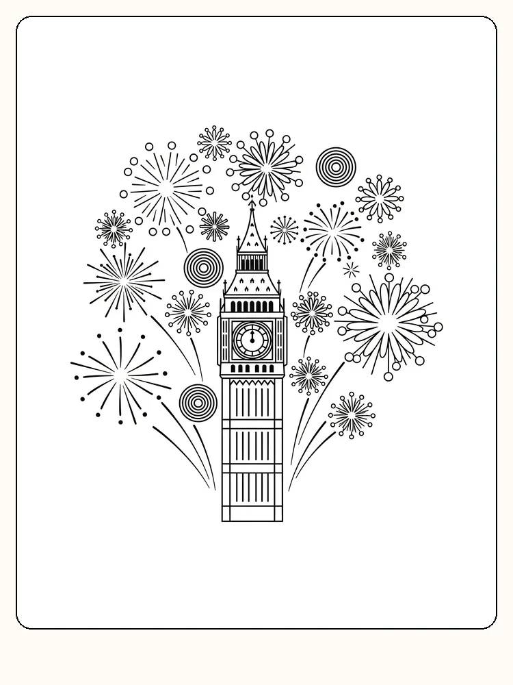 Fargelegging av Big Ben omgitt av festlig fyrverkeri, klar for utskrift og moro