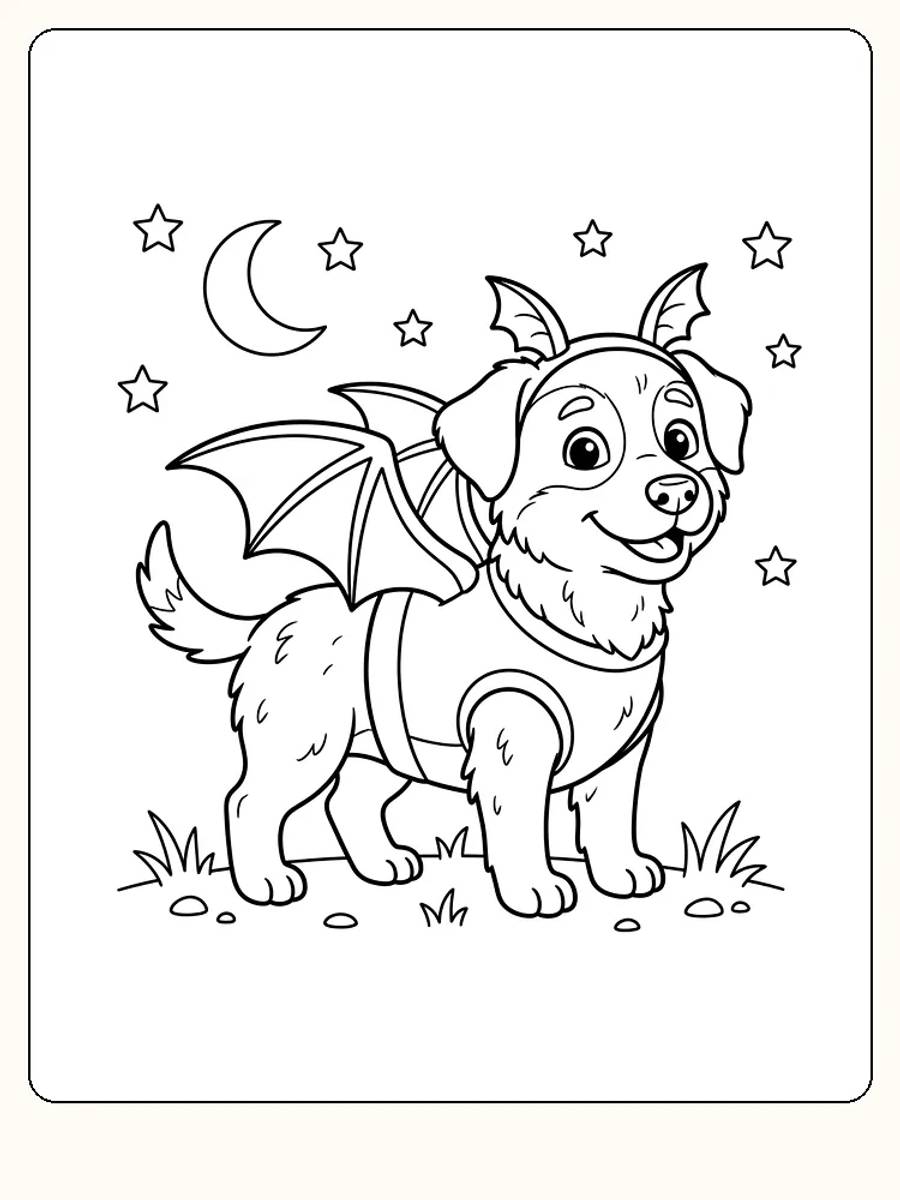 Glad lille hund i flagermuskostume til halloween med vinger, spidse ører, halvmåne og stjerner bag sig