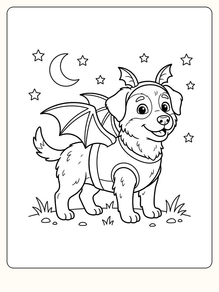 Glad lille hund i flagermuskostume til halloween med vinger, spidse ører, halvmåne og stjerner bag sig