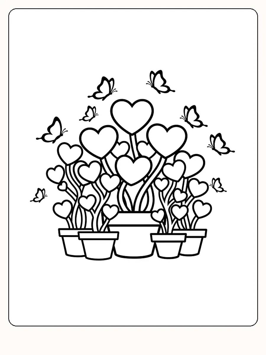 Tegning av hjerteformede planter og sommerfugler for fargelegging