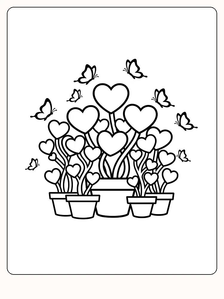Tegning av hjerteformede planter og sommerfugler for fargelegging