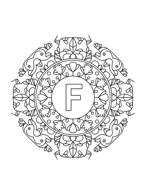 Mandala med fisker rundt bokstav F, underkategori