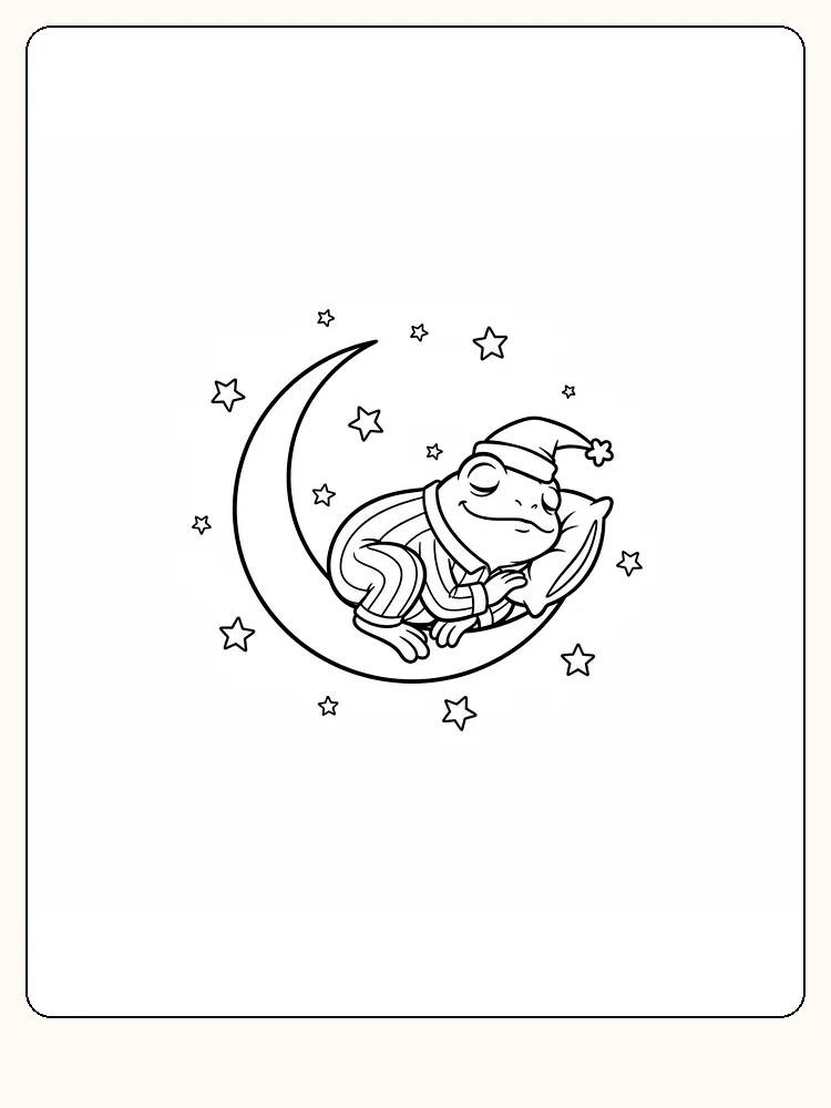 Tegning til farvelægning af en frø i pyjamas, der sover på en måne omgivet af stjerner, klar til download og farvelægning.