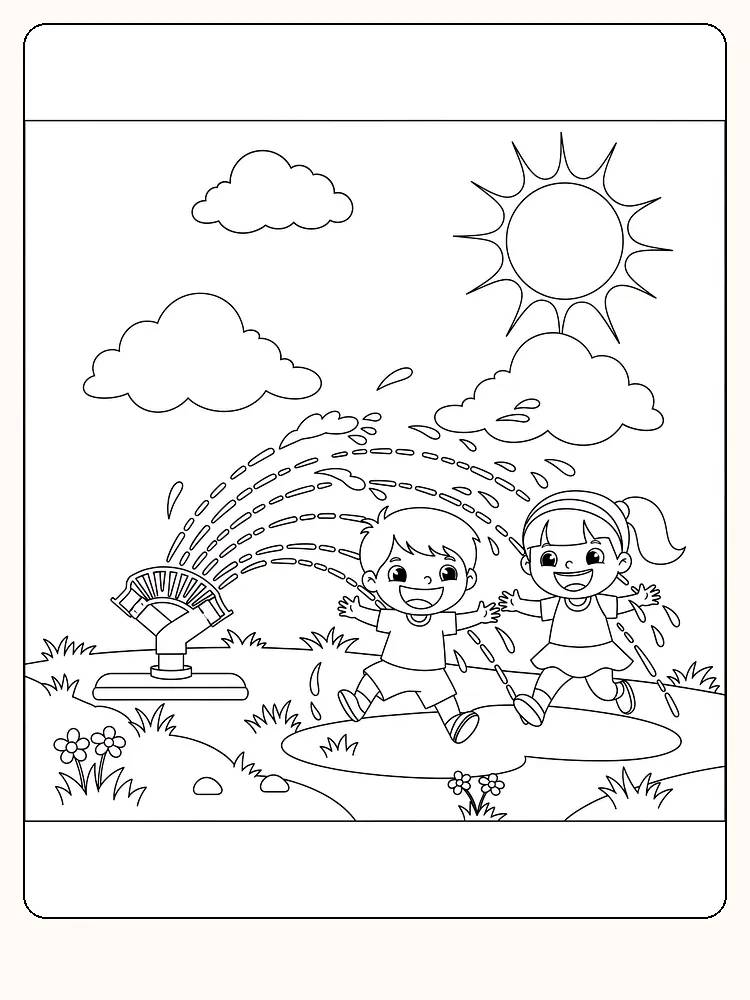 Tegning til farvelægning af børn, der leger i en havesprinkler under en solrig himmel
