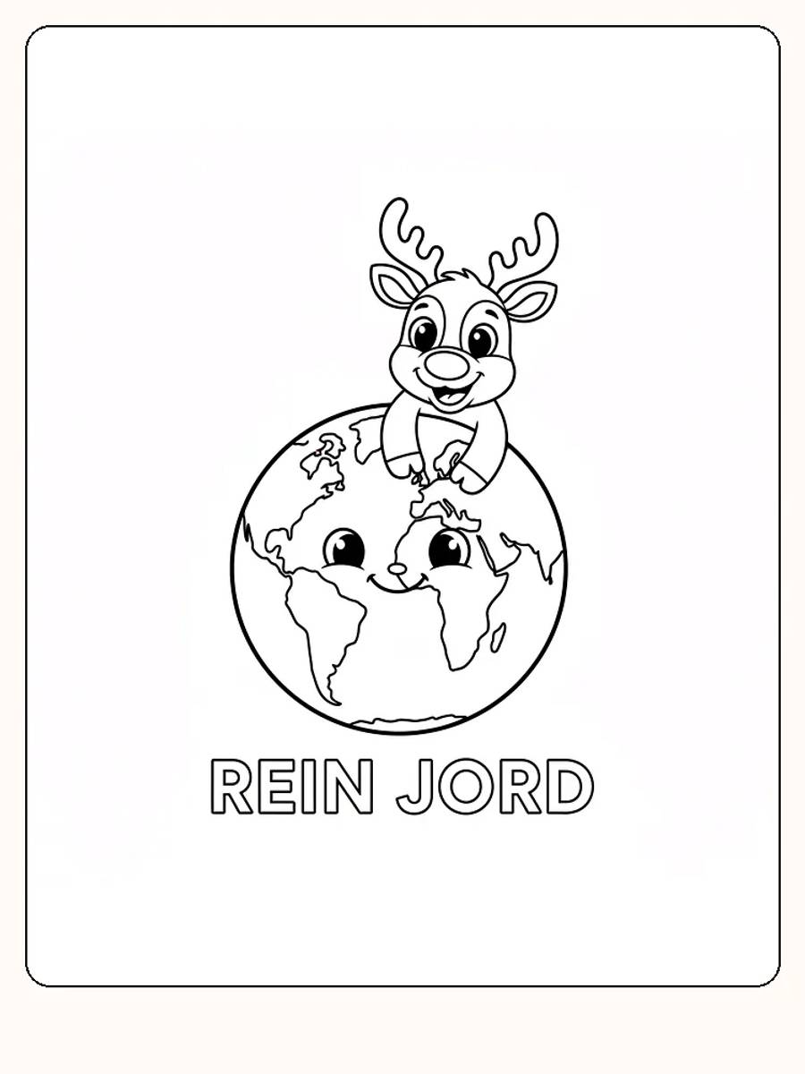 Tegning til farvelægning af et rensdyr, der sidder på en glad jordklode, med teksten 'RENSDYR JORD'